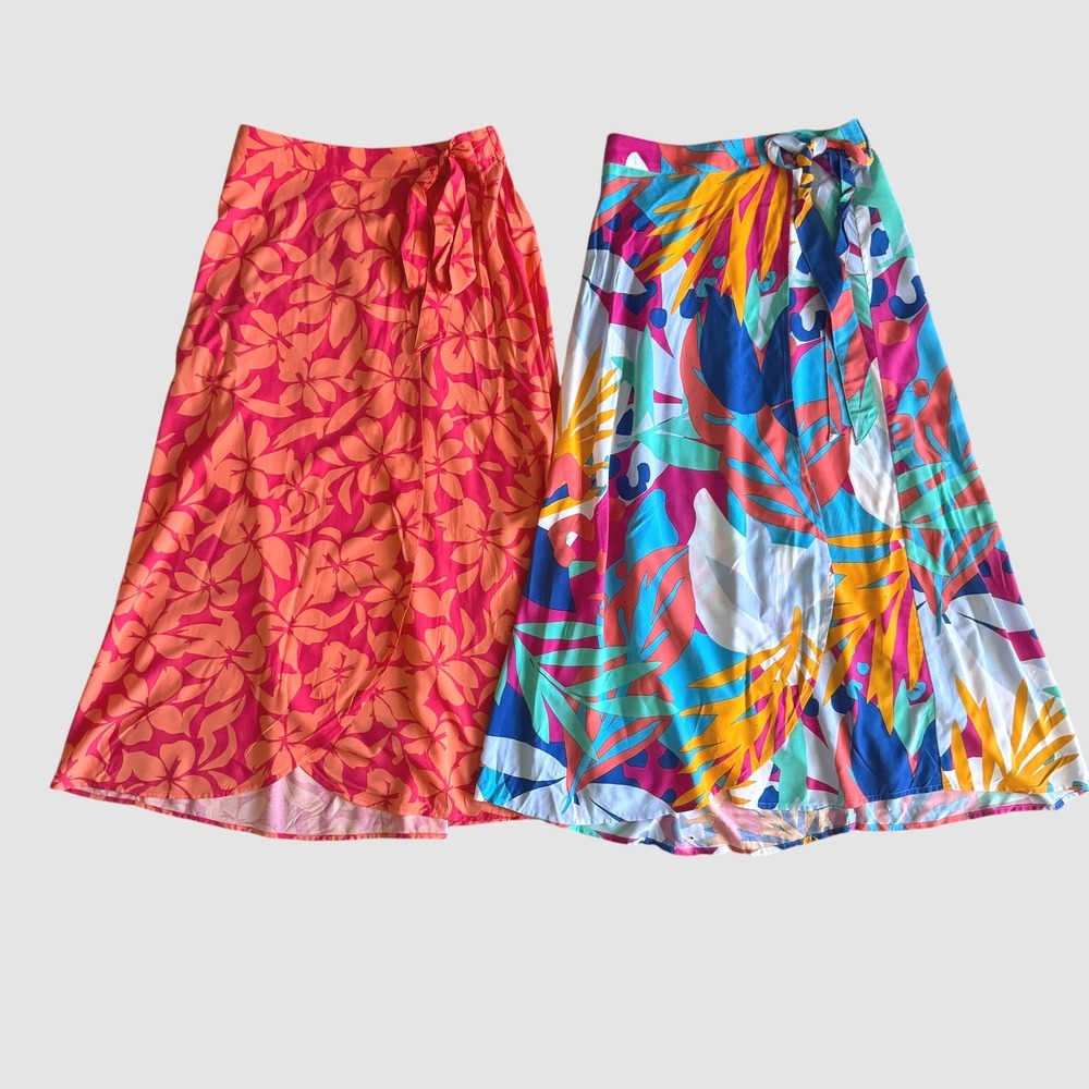 J.Crew XXS Lot of 2 Viscose Faux Wrap Midi Skirts Floral tropical Resort Beachy